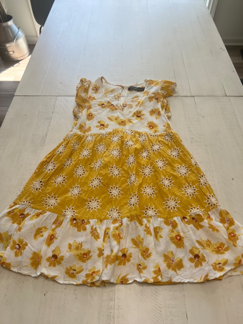 Code x Mode Women’s Yellow Floral Lace-Panel Summer Dress Small